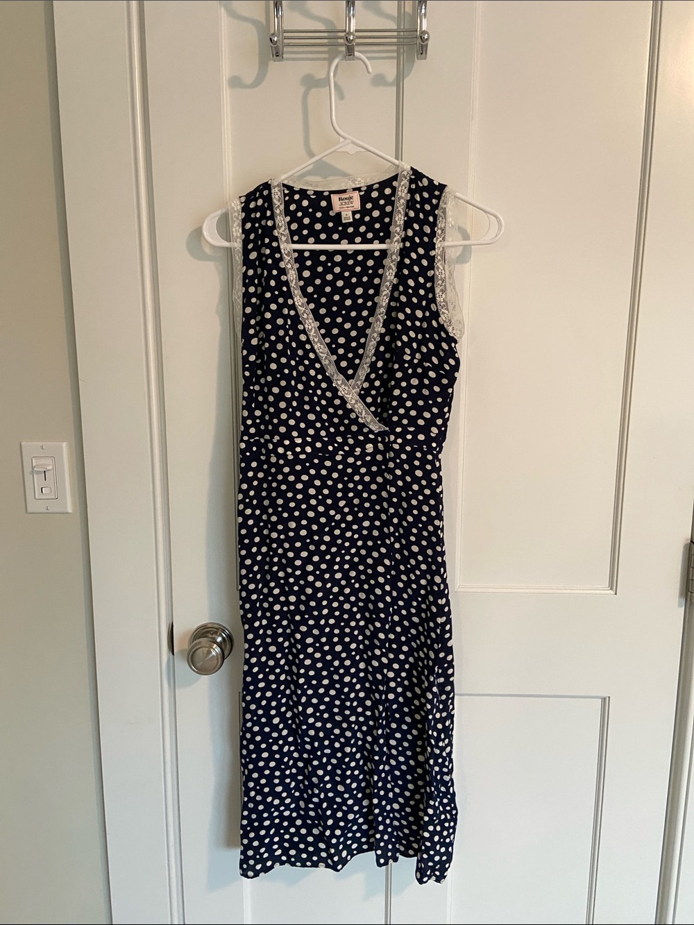 J. Crew x Rouje Navy Polka Dot Sleeveless Wrap Dress with Lace Trim